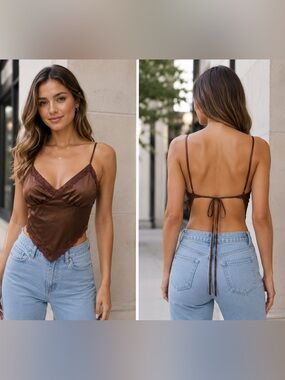 Brown Satin Lace Trim Tie Back Handkerchief Cami Top Women’s Size M